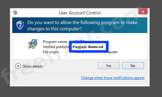 Screenshot where Pagjaje Rumcod appears as the verified publisher in the UAC dialog